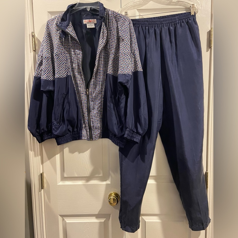 Vintage Stunt Sports Silk Track Suit Jacket & Pants Size Large. Navy Checked